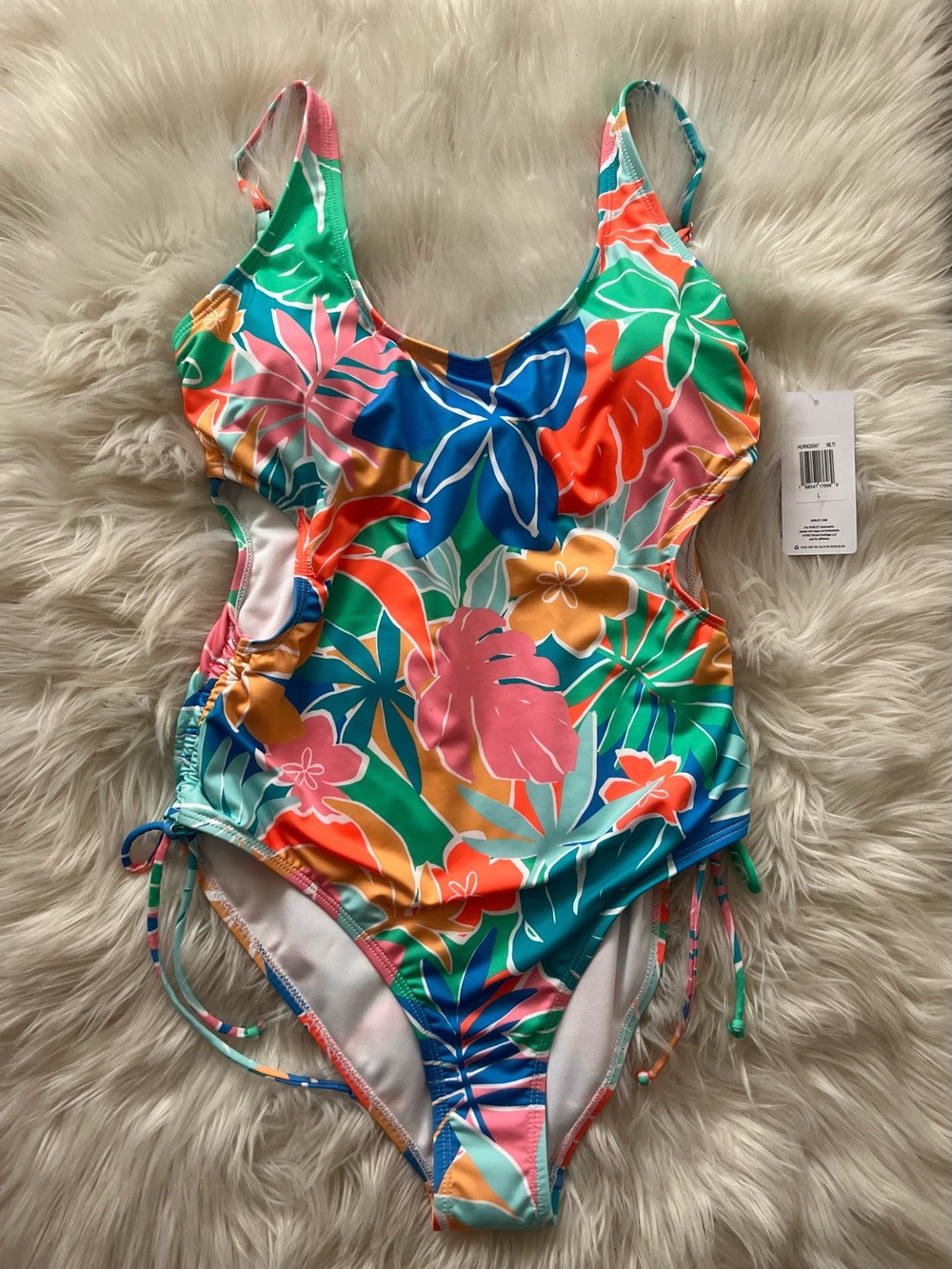 Hurley one piece swimsuit with tropical leaf and flowers Sz L. NEW